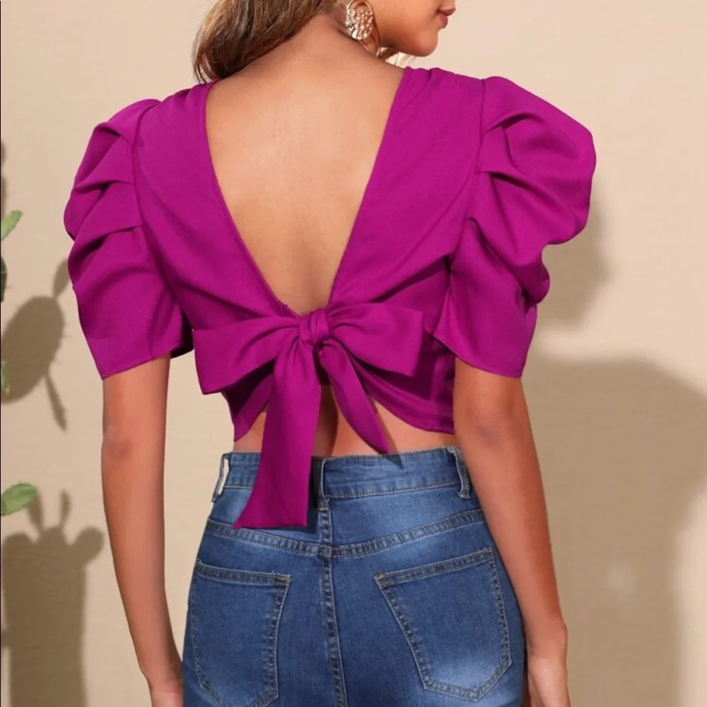 Open Back Tie Puff Sleeve Ruched Classic Top Blouse - Picture 2 of 15